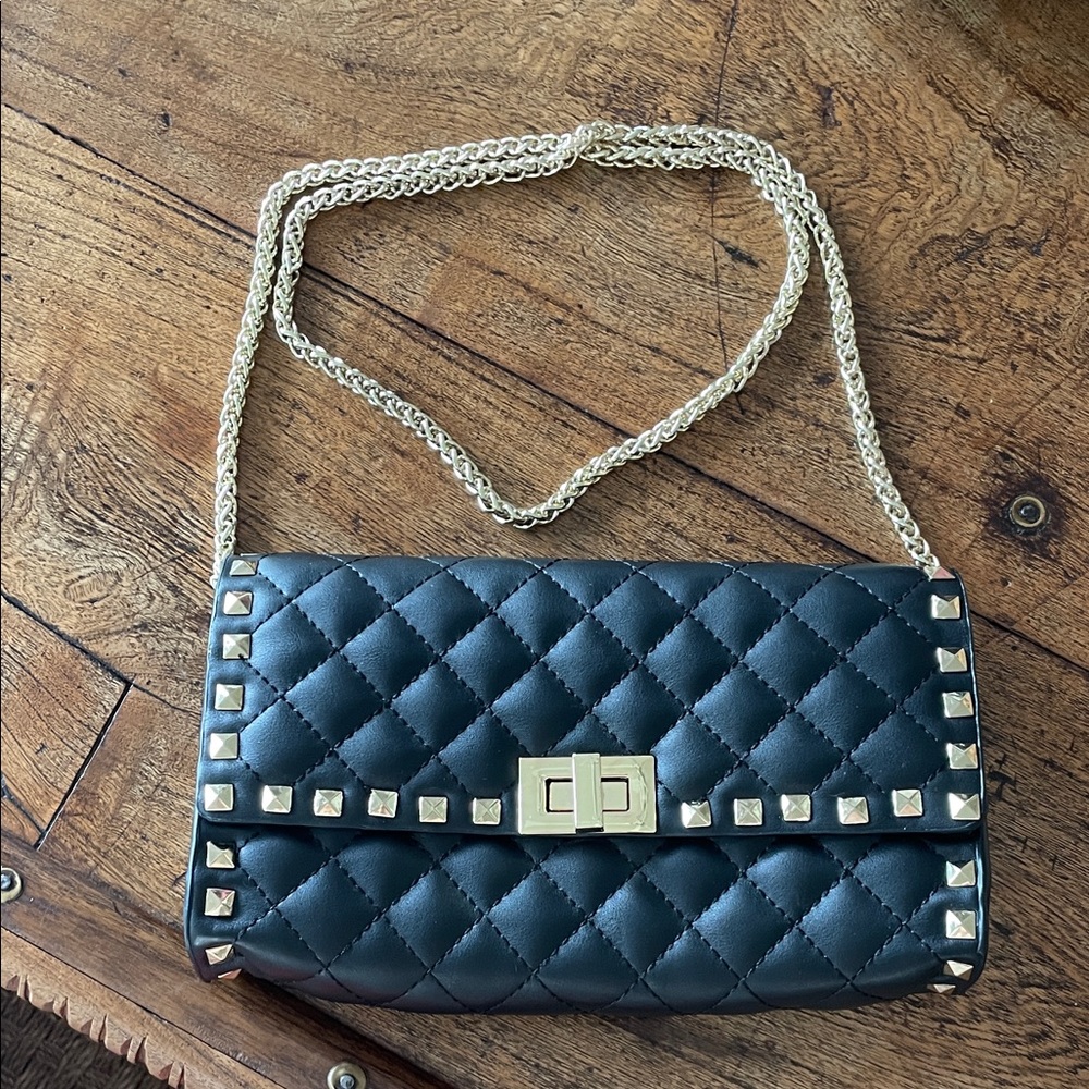 Black Quilted Chain Shoulder Bag with Gold Studs